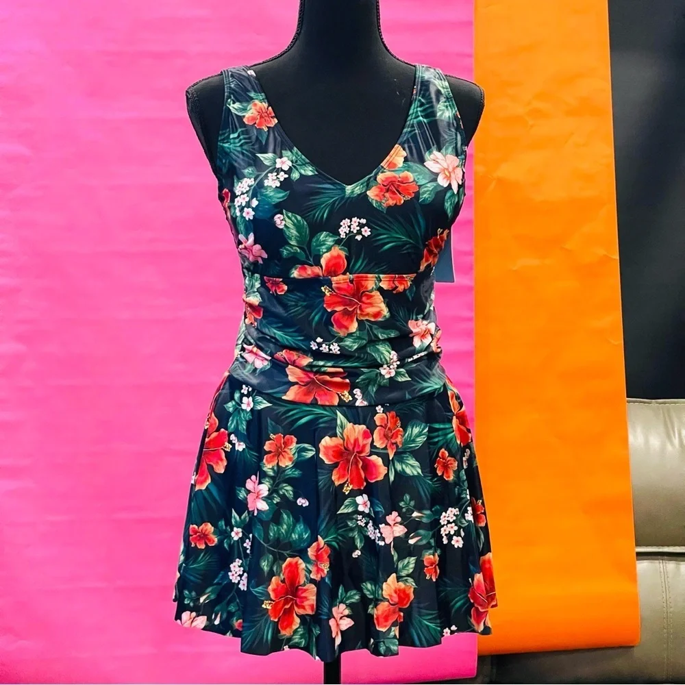 Yonique Floral Tropical Hibiscus One-Piece Swimsuit Size Large